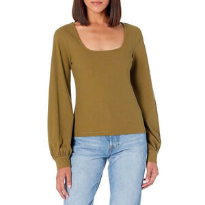 NWT LucyWhims The Drop Top Size XS Olive Green Ribbed Balloon Sleeve Square Neck